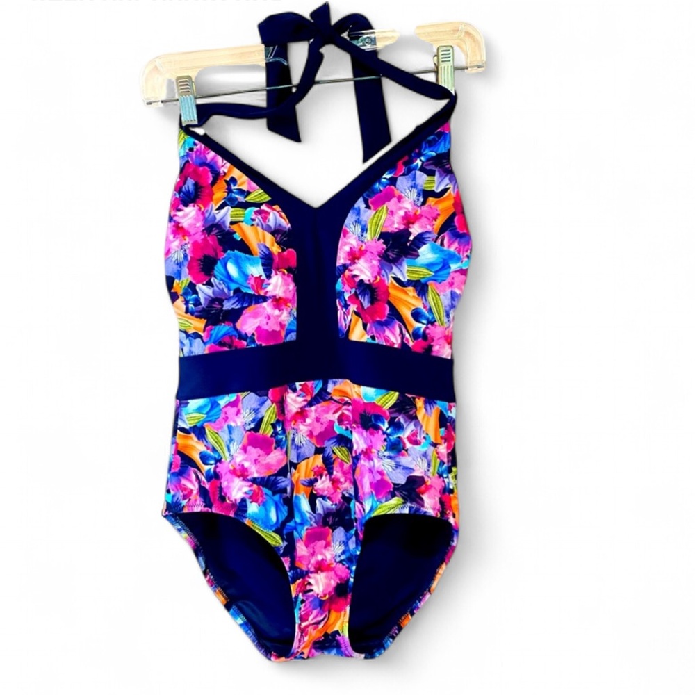 LANDS” END ONE PIECE HALTER PURPLE NAVY TROPICAL FLORAL PRINT SWIMSUIT SIZE 6